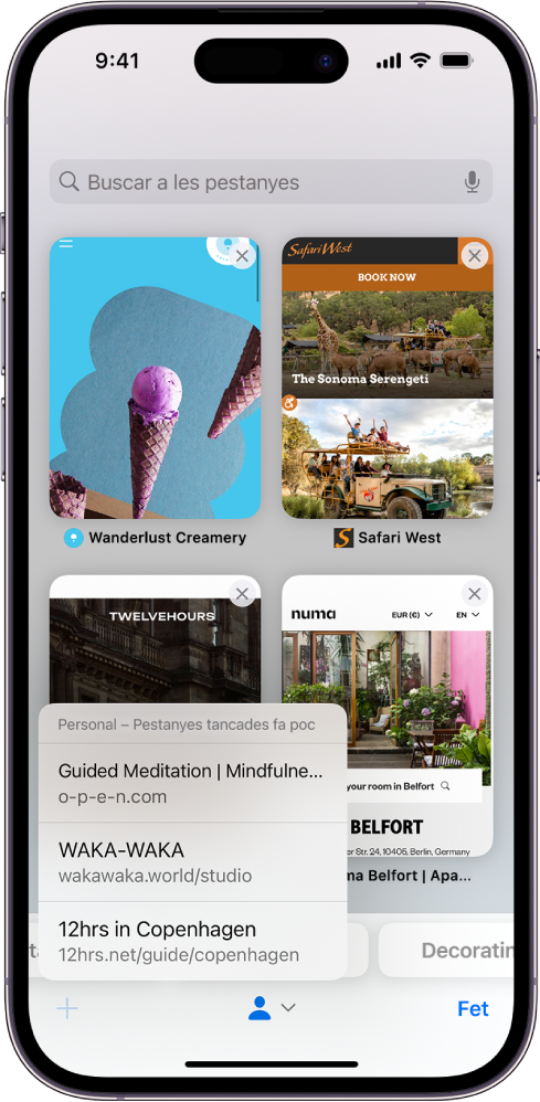 Les previsualitzacions de les pestanyes obertes es poden veure a la pantalla. A la part inferior esquerra de la pantalla, el botó “Pestanya nova” està seleccionat i mostra una llista amb les pestanyes tancades fa poc.