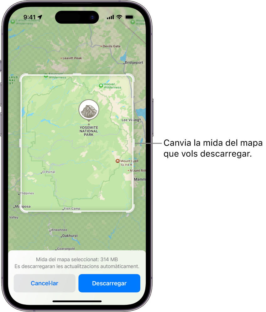 Un mapa d’un parc nacional. El parc està envoltat d’un rectangle amb marcadors, que es poden moure per canviar la mida del mapa per descarregar-lo. La mida de descàrrega del mapa seleccionada s’indica a prop de la part inferior del mapa. Els botons “Cancel·lar” i “Descarregar” es troben a la part inferior de la pantalla.