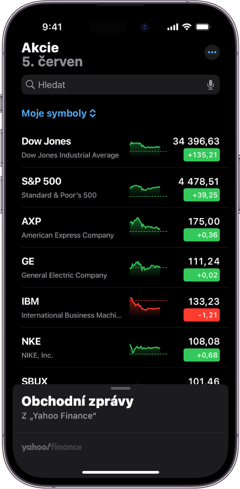 Seznam sledovaných akcií v aplikaci Akci spolu s různými akcemi. Jednotlivé řádky v seznamu obsahují (zleva doprava): symbol a název akciového titulu, graf pro vývoj kurzu, cenu akcie a změnu ceny. V horní části displeje nad seznamem sledovaných akcií s názvem Moje symboly je vyhledávací pole. V dolní části displeje je Obchodní zpravodajství. Přejetím přes položku Obchodní zpravodajství nahoru zobrazíte články