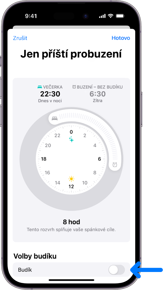 Obrazovka „Jen příští probuzení“ v aplikaci Zdraví s vypnutou volbou Budík u dolního okraje