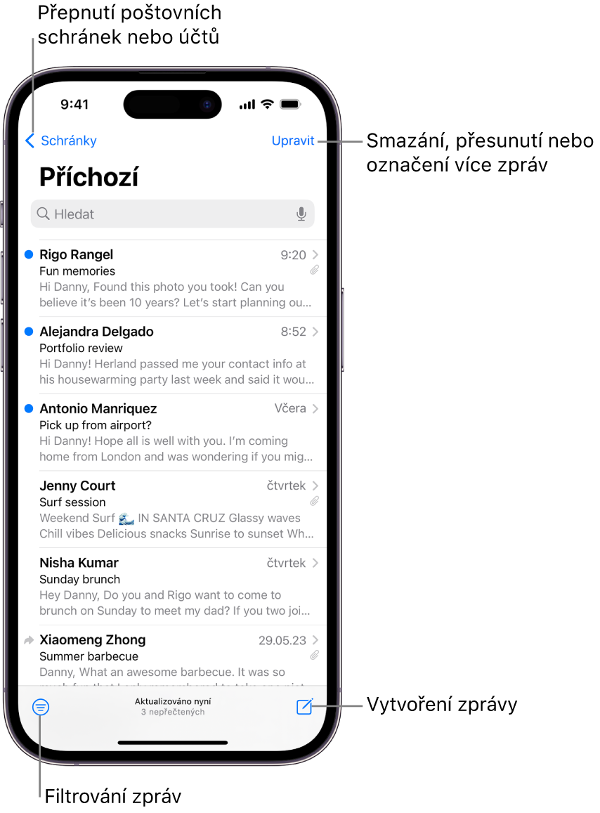 Schránka Příchozí v aplikaci Mail se seznamem e‑mailů.