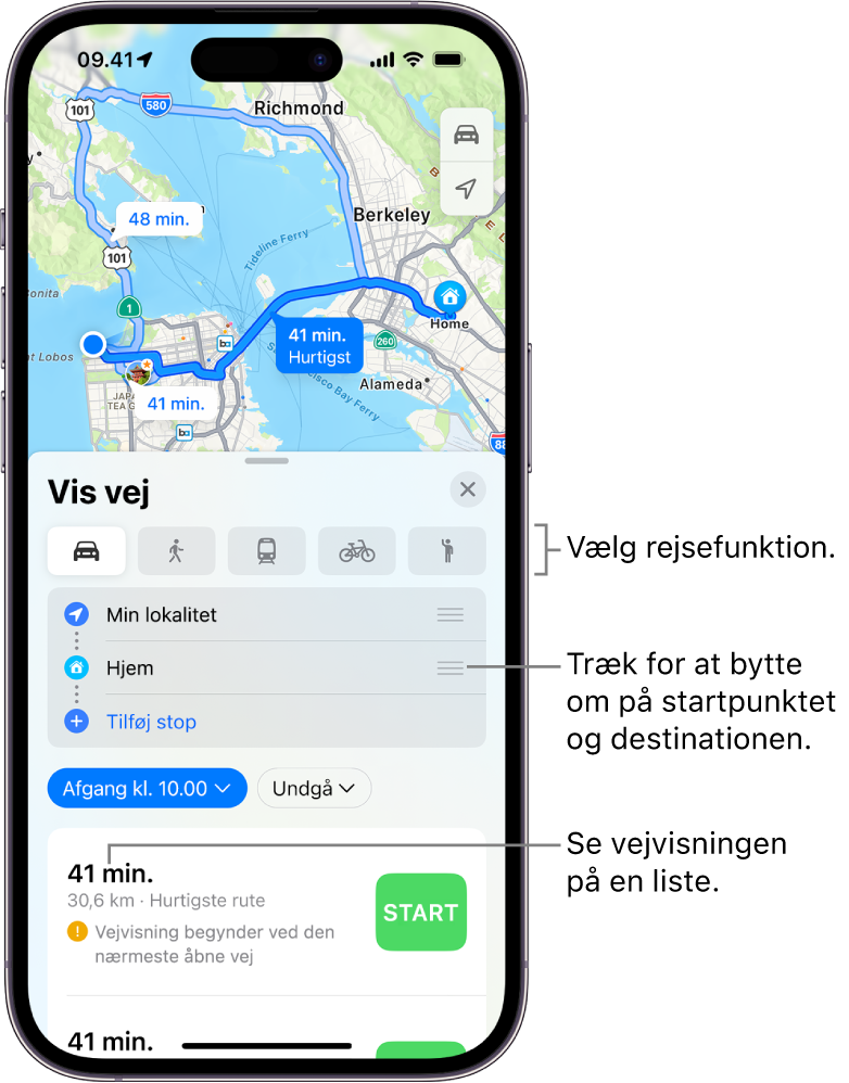 Et kort, der viser flere kørselsruter mellem to steder med mulighed for at vælge andre rejseformer, skifte startpunkt og destination og se vejvisning som en liste.