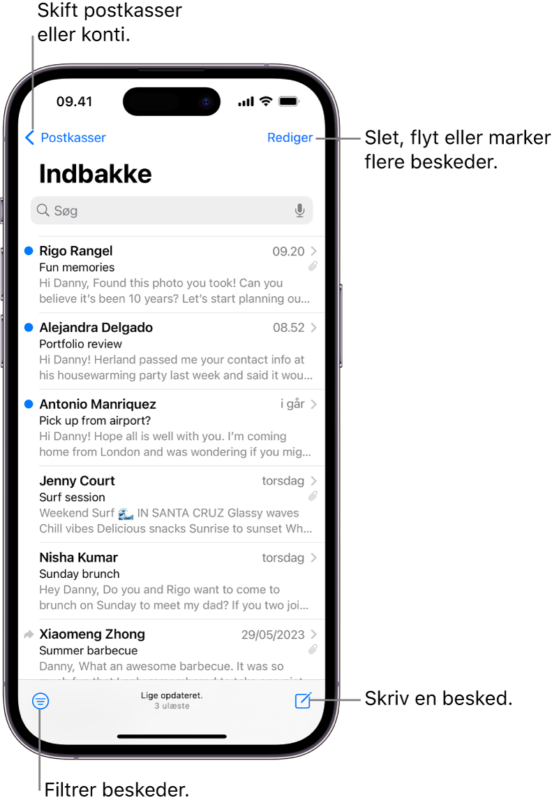 Indbakken i Mail, der viser en liste med e-mails.