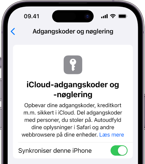 Skærmen med iCloud-adgangskoder og iCloud-nøglering med en indstilling til synkronisering af denne iPhone.