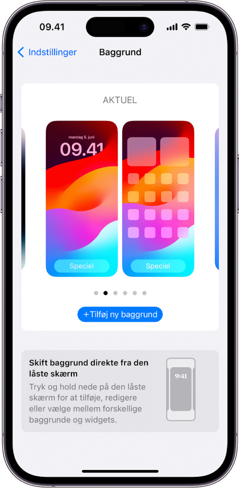 Skærmen Baggrundsindstillinger med knapper til at tilpasse den aktuelle baggrund på hjemmeskærmen og låseskærmen og knappen Tilføj ny baggrund til at ændre baggrund.