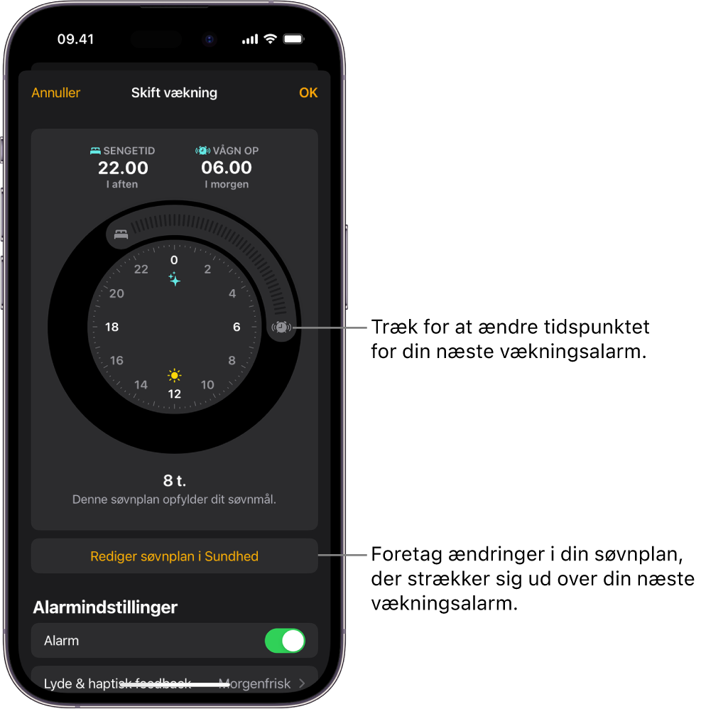 En skærm, der bruges til at ændre vækningsalarmen i morgen med knapper, der kan trækkes for at ændre sengetiden og tidspunktet for vækning, en knap til at ændre søvnplanen i appen Sundhed og en knap til at slå vækningsalarmen fra eller til.