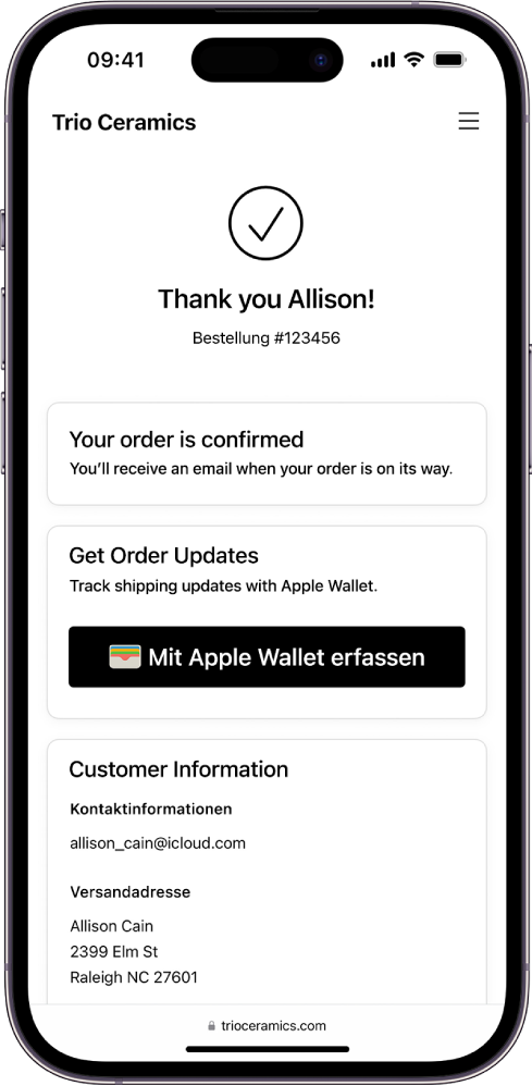 Auf einer Seite zur Bestellbestätigung ist die Taste „Mit Apple Wallet erfassen“ zu sehen.