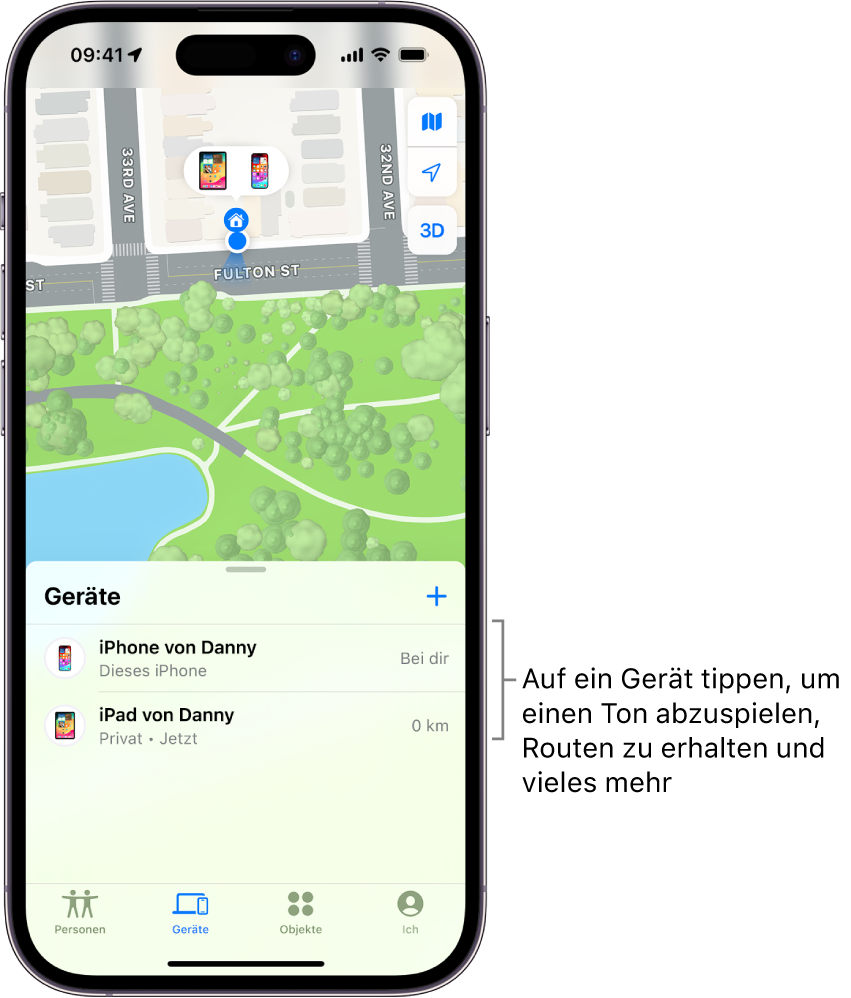Der Bildschirm „Wo ist?“ mit geöffneter Liste „Geräte“. Die Liste „Geräte“ enthält zwei Geräte: „iPhone von Danny“ und „iPad von Danny“. Ihre Standorte werden auf einer Karte angezeigt.