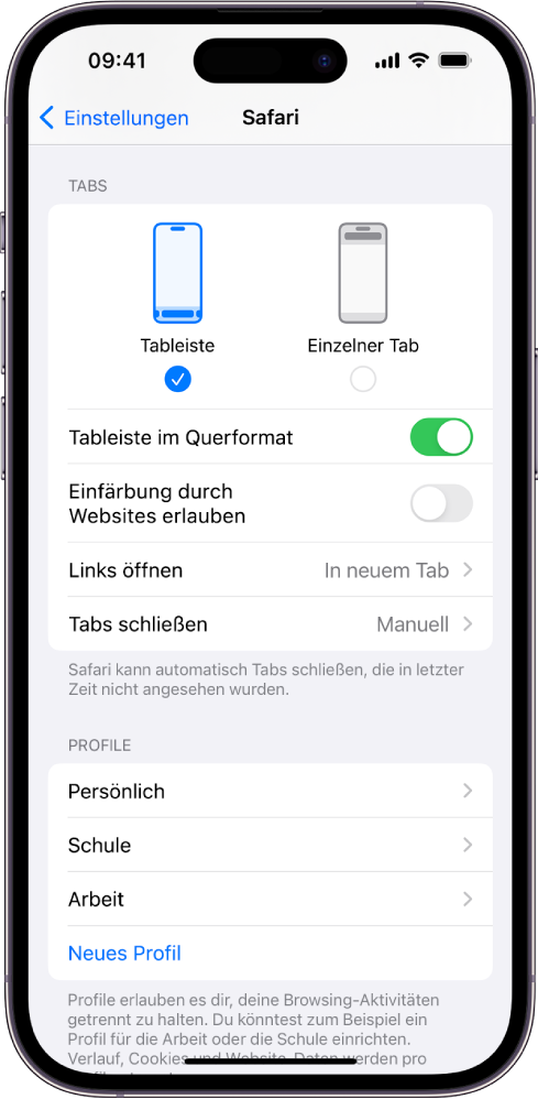 Ein Bildschirm zeigt zwei Safari-Layoutoptionen: „Tableiste“ und „Einzelner Tab“.