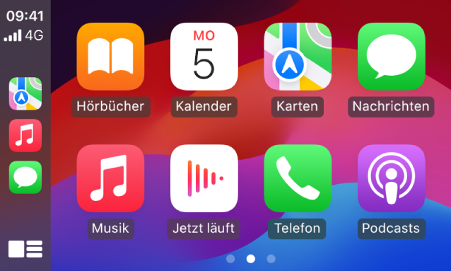 Ein CarPlay-Home-Bildschirm mit den Optionen „Karten“, „Musik“ und „Nachrichten“ in der Seitenleiste. Auf der rechten Seite werden die Optionen „Hörbücher“, „Kalender“, „Karten“, „Nachrichten“, „Musik“, „Jetzt läuft“, „Telefon“ und „Podcasts“ angezeigt.