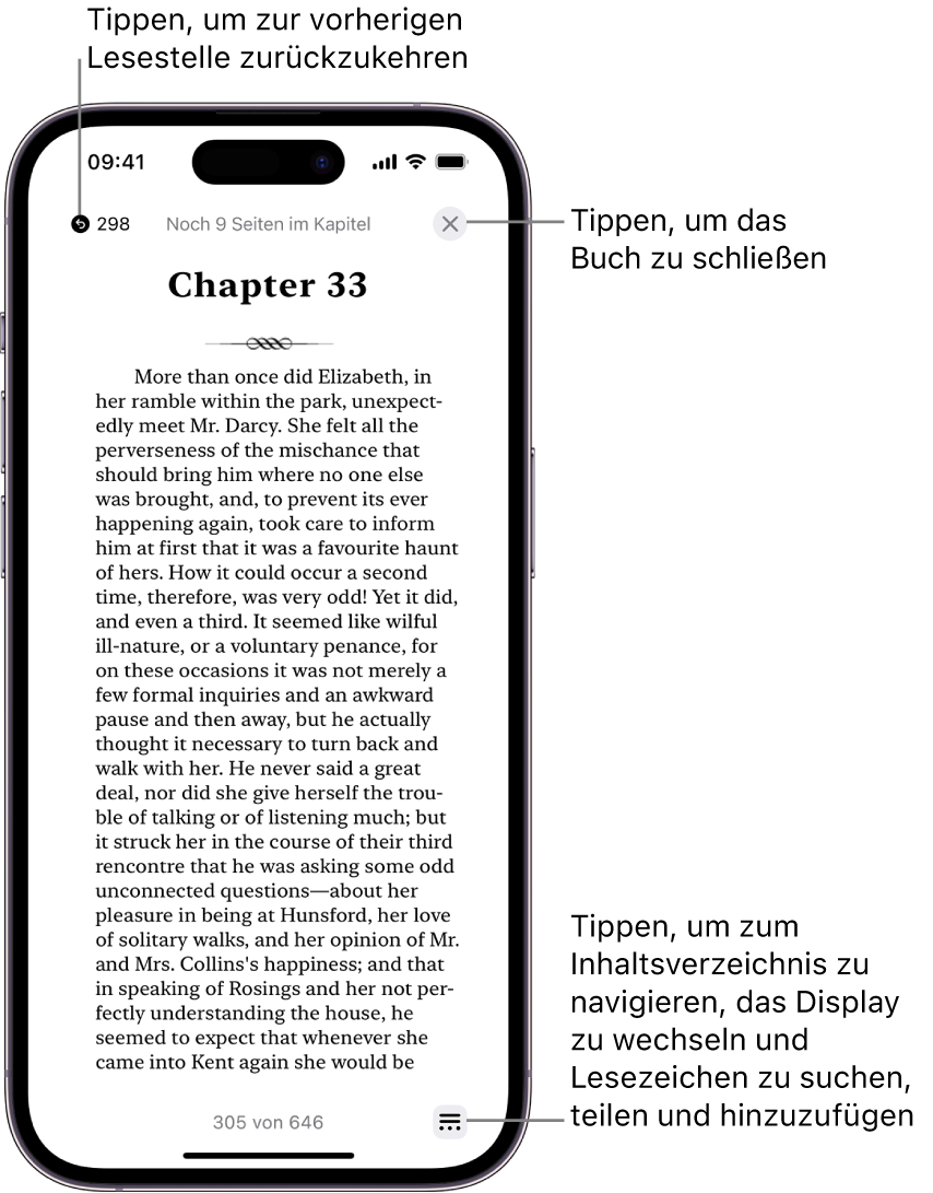 Eine Buchseite in der App „Bücher“. Obern auf dem Bildschirm befinden sich die Tasten zum Zurückkehren zu der Seite, auf der du mit dem Lesen begonnen hast, und zum Schließen des Buchs. Unten rechts auf dem Bildschirm befindet sich die Taste „Menü“.