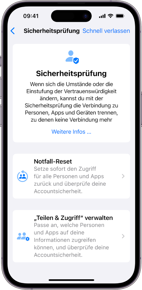 Der Bildschirm „Sicherheitsprüfung“ mit Informationen über die Funktion und den Tasten „Notfall-Reset“ und „‚Teilen & Zugriff‘ verwalten“.