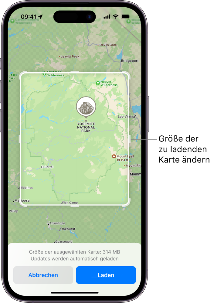 Eine Karte eines Nationalparks. Um den Park herum befindet sich ein Rahmen mit Aktivpunkten, die bewegt werden können, um die Größe der zu ladenden Karte zu ändern. Die ausgewählte Ladegröße für die Karte wird unten am Kartenrand angegeben. Die Tasten „Abbrechen“ und „Laden“ befinden sich unten auf dem Bildschirm.