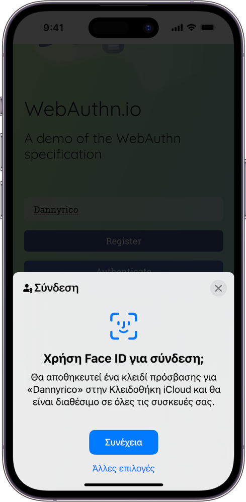 Το κάτω μισό μέρος της οθόνης του iPhone δίνει την επιλογή χρήσης πλήκτρων πρόσβασης για σύνδεση σε έναν ιστότοπο. Διαθέτει ένα κουμπί «Συνέχεια» για αποθήκευση ενός κλειδιού πρόσβασης και ένα κουμπί «Άλλες επιλογές».