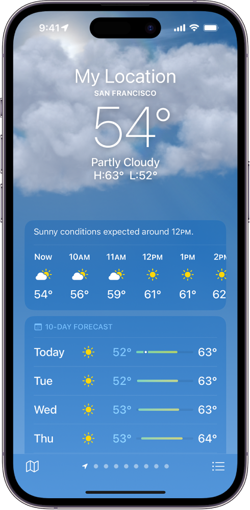 The Weather screen showing, from top to bottom: the location, current temperature, the high and low temperatures for the day, hourly forecast, and 10-day forecast. A row of dots at the bottom center shows how many locations are in the location list. At the bottom-right corner is the Location List button and at the bottom-left corner is the Show Map button.