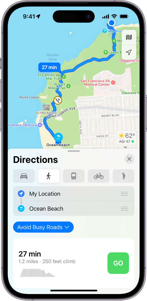 A map showing a walking route. The route card at the bottom provides details for the route, including estimated travel time and elevation changes. A Go button appears to the right of the details.