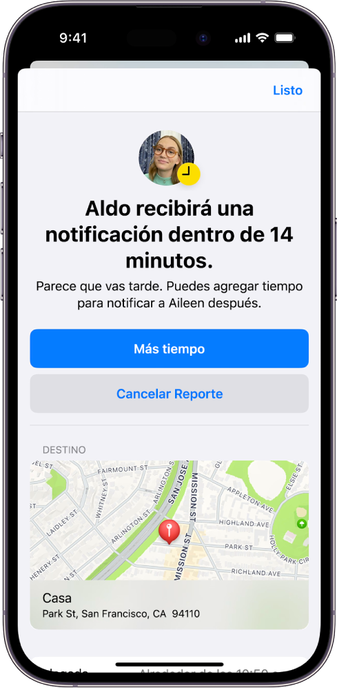 Una pantalla de Reporte muestra que se notificará a un amigo en 14 minutos, y debajo de esto hay opciones para ampliar el tiempo o cancelar la sesión de Reporte. En la parte inferior, hay un mapa que muestra la ubicación actual.