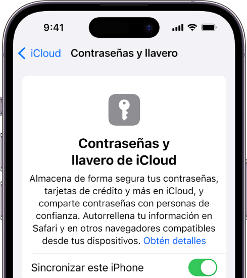 La pantalla Contraseñas y llavero de iCloud, con una opción para sincronizar el iPhone.