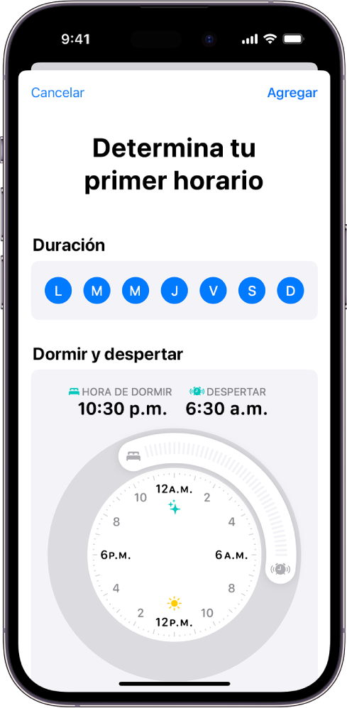 La pantalla Determina tu primer horario en Salud, con la sección Duración, y el reloj Dormir y despertar.