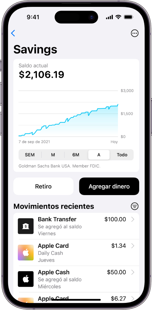 Una pantalla mostrando los detalles de una cuenta de Savings, que incluyen el saldo actual y una gráfica del saldo a lo largo del tiempo en la parte superior, botones para retirar o agregar dinero en el centro, y las últimas transacciones en la parte inferior.