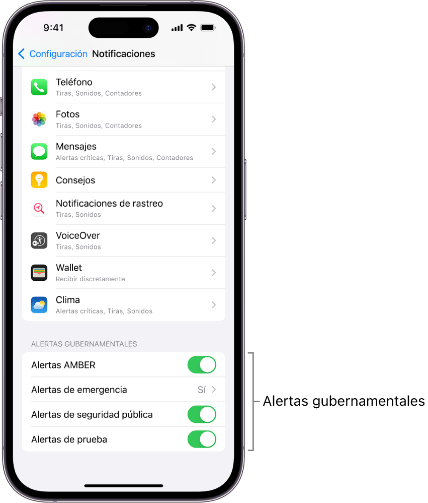 La pantalla Notificaciones mostrando la opción Alertas gubernamentales, la cual se puede activar para recibir estas alertas.