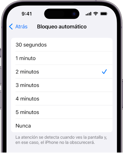 La pantalla Bloqueo automático mostrando la configuración del tiempo de espera antes de que el iPhone se bloquee automáticamente.