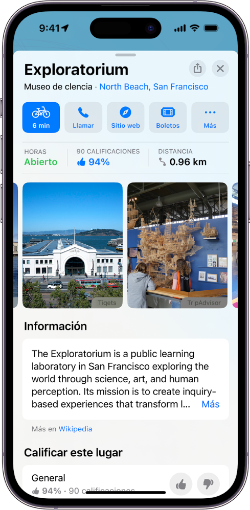 La tarjeta de un museo con su estado de apertura, calificaciones, una descripción, fotos y botones para llamar por teléfono, ir a su sitio web o comprar entradas.