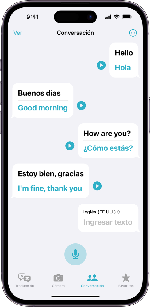 La pestaña Conversación mostrando globos de mensajes y sus traducciones.