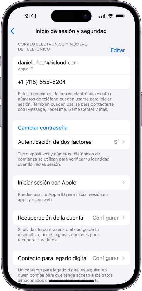 La pantalla Inicio de sesión y seguridad en Configuración.