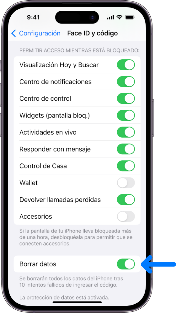 El control Borrar datos en la parte inferior de la pantalla Face ID y código en Configuración.