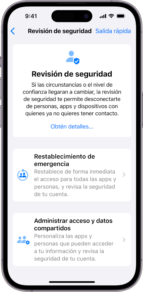 La pantalla de Revisión de seguridad muestra la información sobre la función y los botones Restablecimiento de emergencia y Administrar acceso y datos compartidos.
