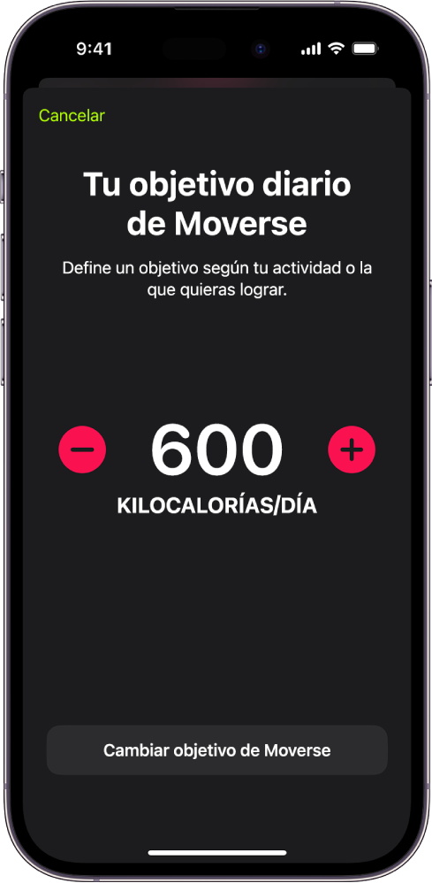 La pantalla Objetivo diario de moverse mostrando el objetivo de Moverse y botones para aumentar o reducir el objetivo.