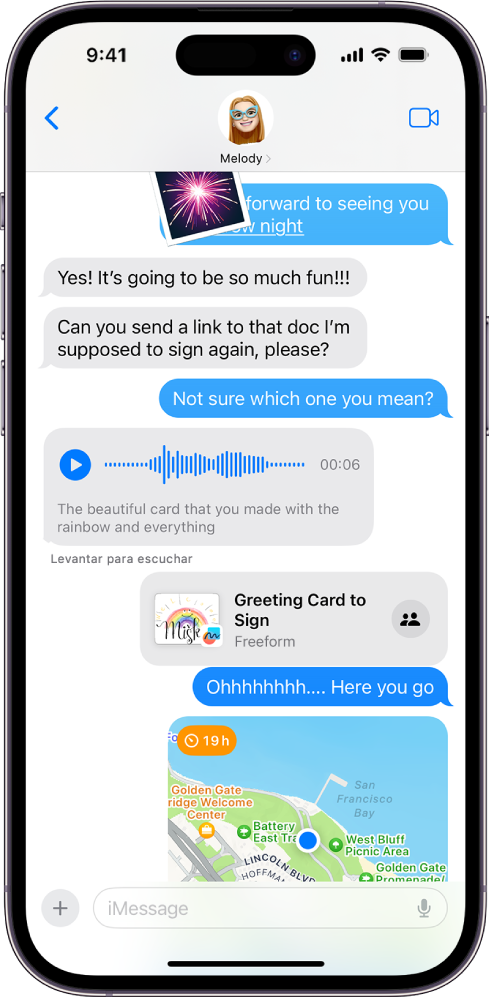 Una conversación de Mensajes mostrando las funciones de iMessage.