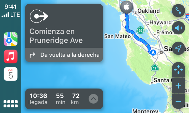 CarPlay muestra Mapas, Música y Calendario en la barra lateral. A la derecha se muestra una ruta de navegación de Apple Park a Apple Union Station.