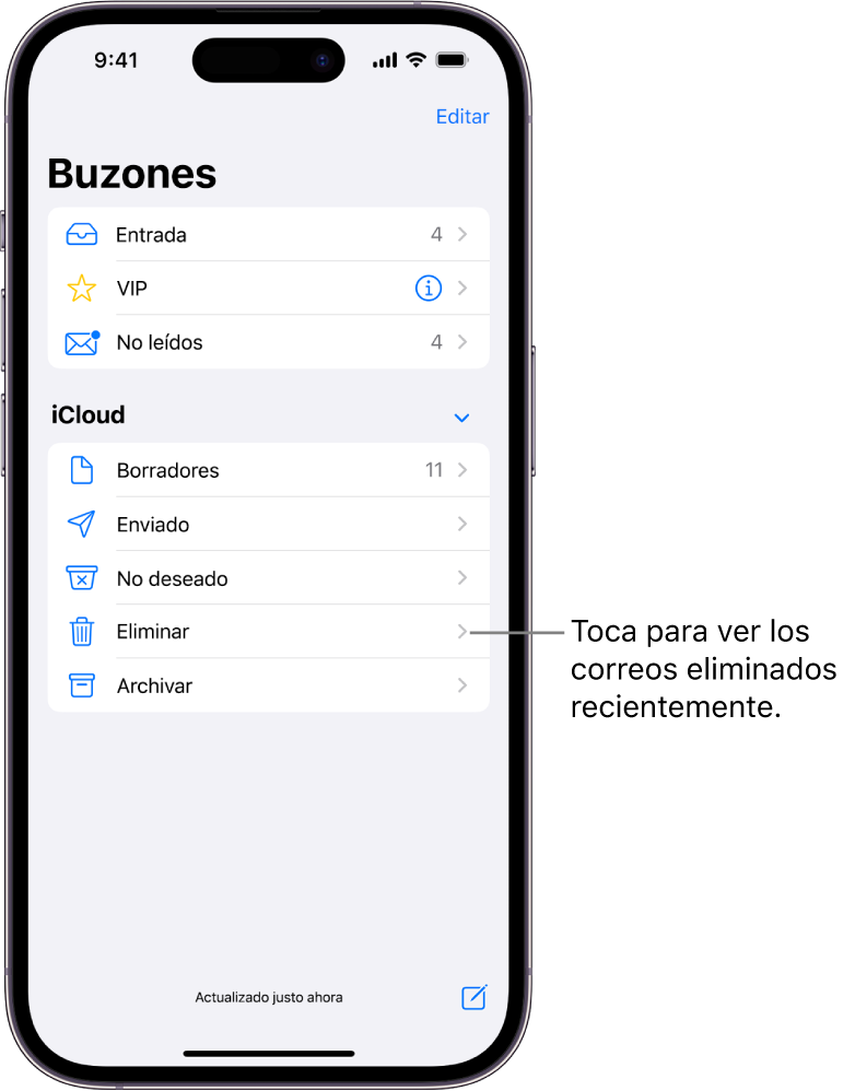 La pantalla Buzones. Debajo de iCloud, hay una lista de buzones que incluye el buzón Basurero. Tócalo para ver los correos eliminados recientemente.