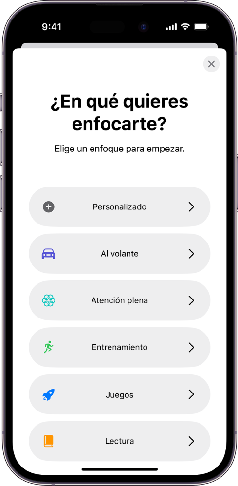 Pantalla de configuración de un enfoque para las opciones de uno de los enfoques adicionales proporcionados, incluyendo Al volante, Entrenamiento, Juegos, Atención plena y Lectura.