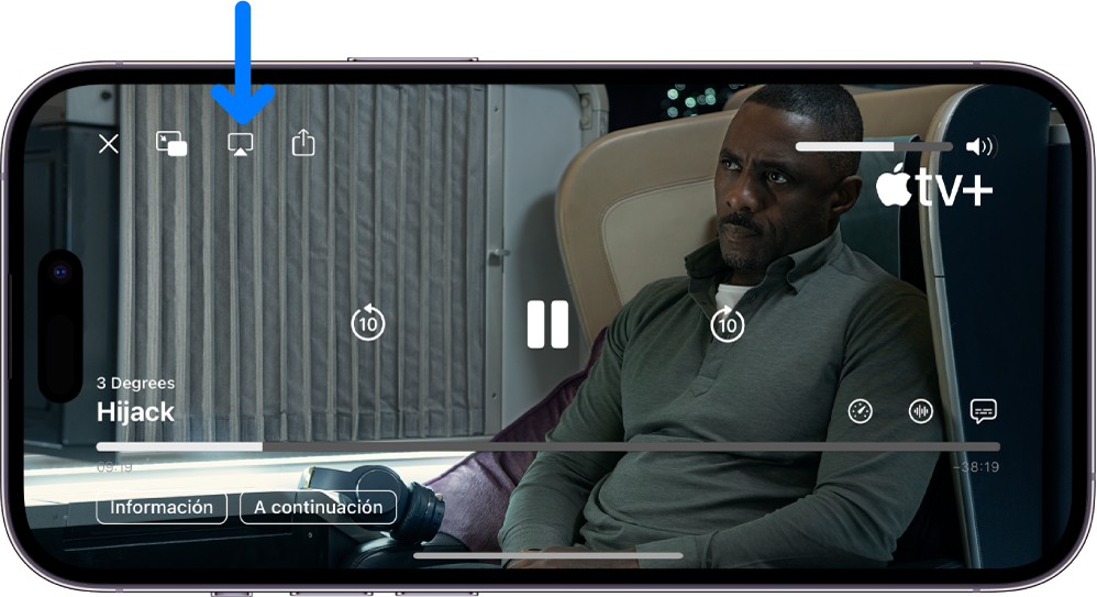 Una película en reproducción en la pantalla del iPhone. En mitad de la pantalla se encuentran los controles de reproducción. El botón AirPlay se encuentra cerca de la parte superior izquierda.