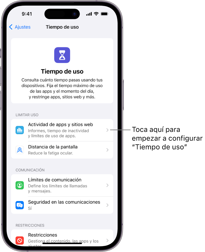 Pantalla para configurar “Tiempo de uso” con el botón “Actividad de apps y sitios web”.