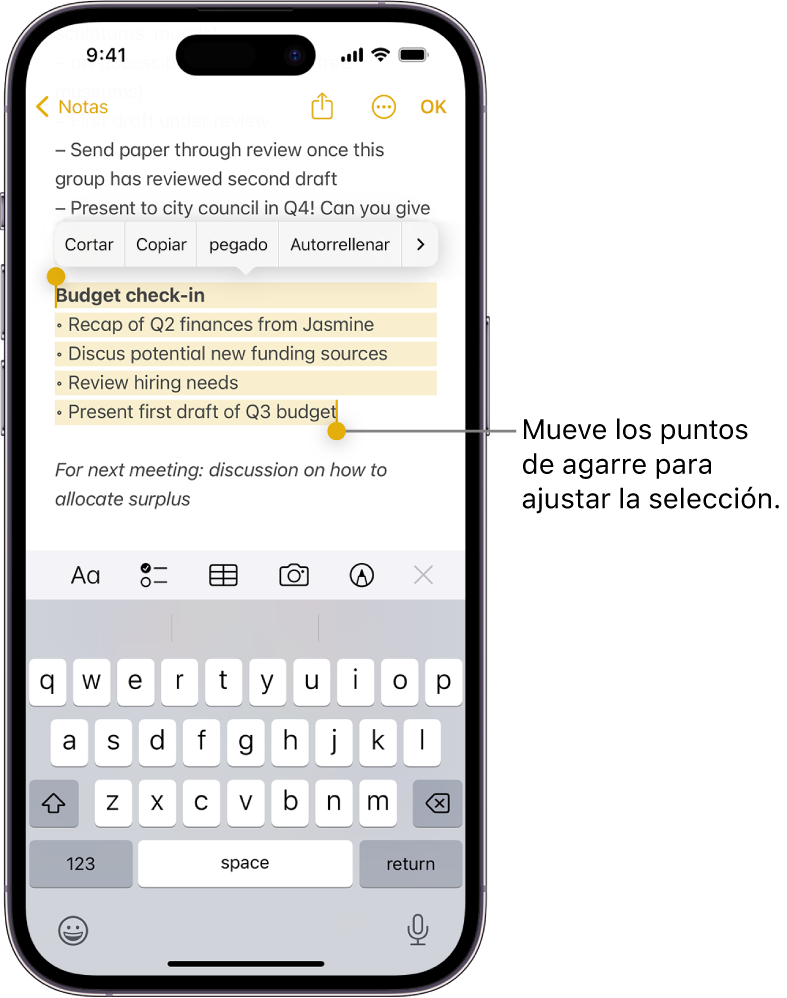 Hay texto seleccionado en una nota de la app Notas. Encima del texto seleccionado están los botones Cortar, Copiar, Pegar y Autorrelleno. El texto seleccionado está resaltado y presenta puntos de selección para ajustar la selección en ambos extremos.