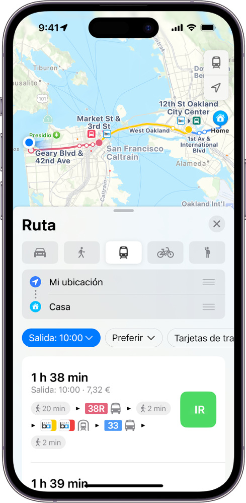 Mapa con una ruta para ir a pie. La tarjeta de ruta en la parte inferior proporciona detalles como el tiempo de desplazamiento estimado y el coste total. A la derecha de los detalles se muestra un botón Ir.