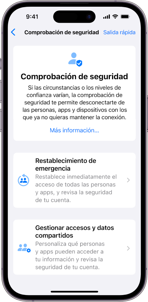 La pantalla “Comprobación de seguridad”, con información sobre la función y botones para “Restablecimiento de emergencia” y “Gestionar accesos y datos compartidos”.