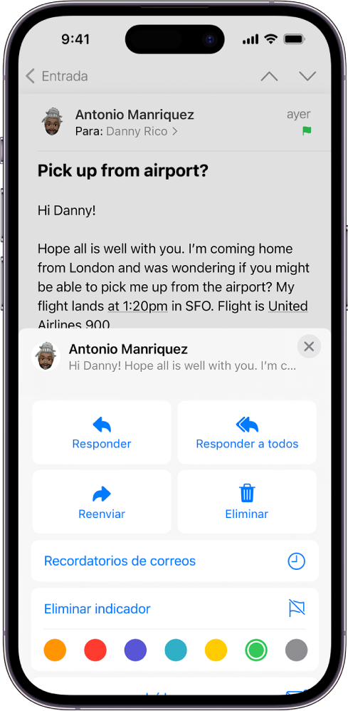 Un mensaje de correo electrónico muestra las opciones de respuesta en la mitad inferior de la pantalla, con el botón “Eliminar indicador” y los colores disponibles para los indicadores.