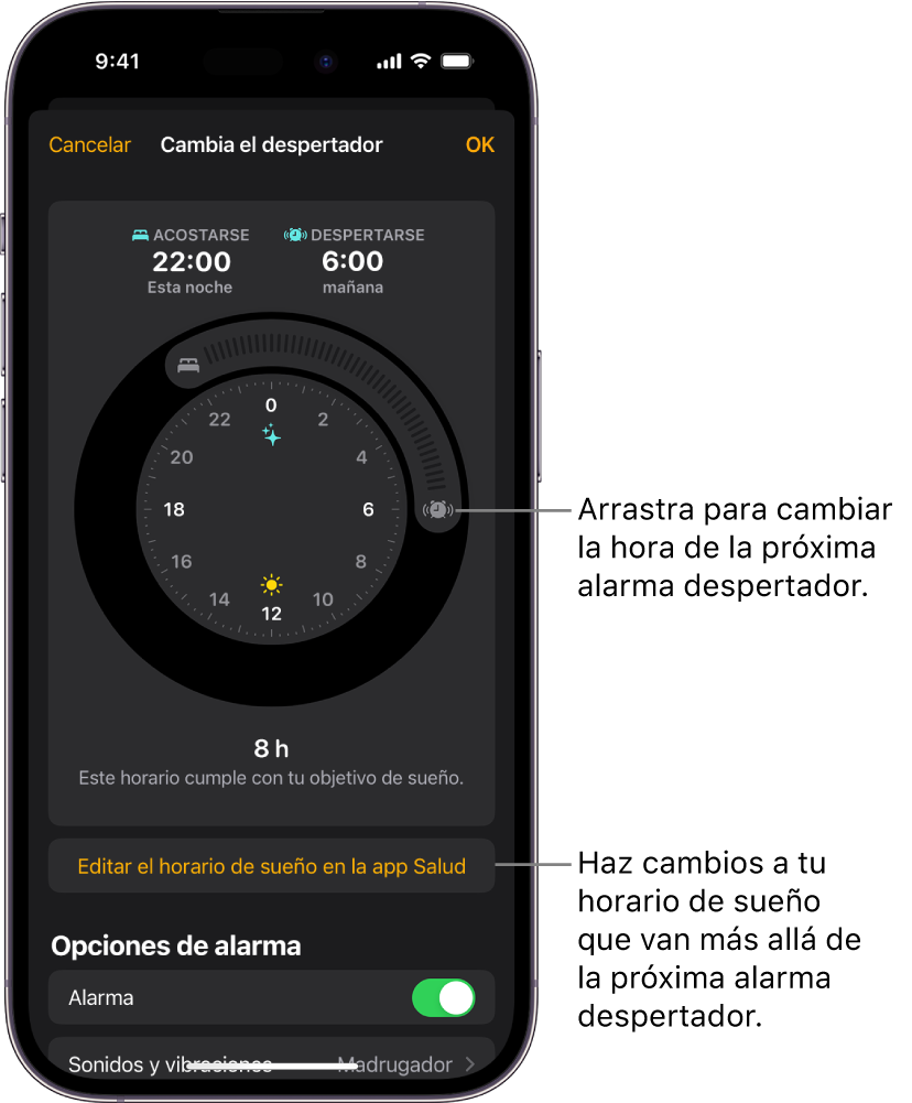 Pantalla para cambiar la alarma despertador del día siguiente, con botones que se arrastran para cambiar la hora de acostarse y despertarse, un botón para cambiar el horario de sueño en la app Salud y otro botón para activar o desactivar la alarma despertador.