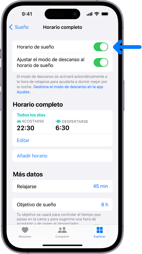 Pantalla “Horario completo” de la app Salud con la opción “Horario de sueño” activada en la parte superior.