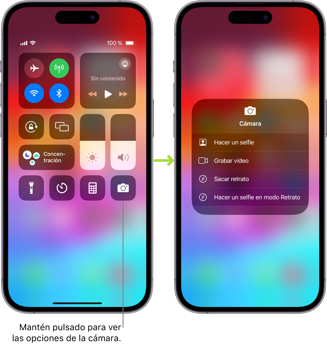 Dos pantallas del centro de control en paralelo. La de la izquierda muestra los controles del modo Avión, datos móviles, Wi-Fi y Bluetooth en el grupo de arriba a la izquierda. El icono de la cámara se muestra en la parte inferior derecha. La pantalla de la derecha muestra más opciones en el menú de acciones rápidas para la cámara: “Hacer un selfie”, “Grabar vídeo”, “Sacar retrato” y “Hacer un selfie en modo Retrato”.