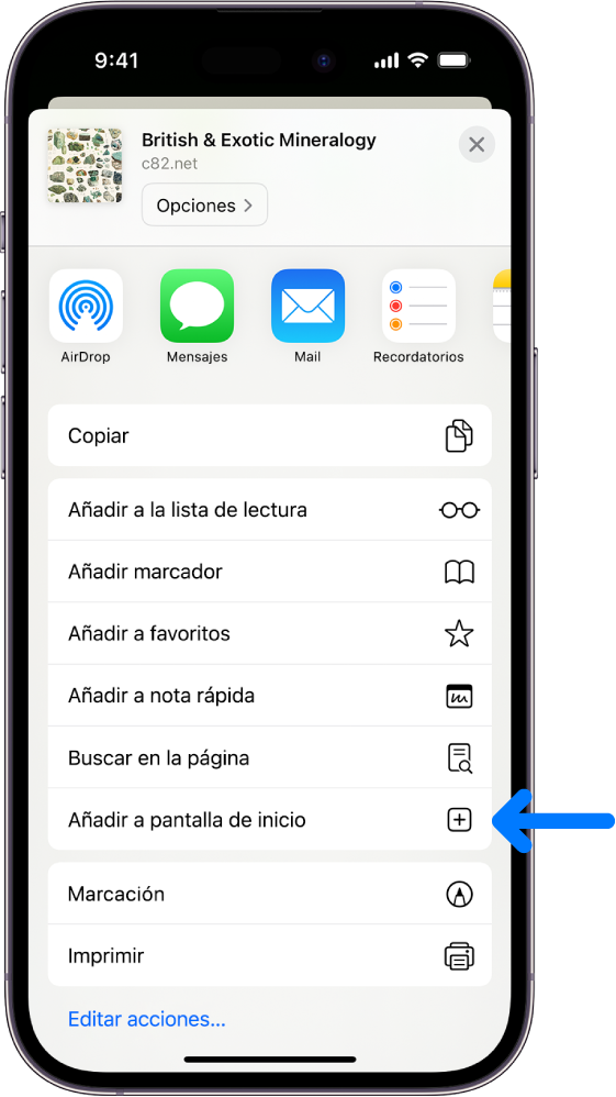 En Safari, se ha tocado el botón Compartir en un sitio web y se muestra una lista de opciones, como “Añadir a pantalla de inicio”.