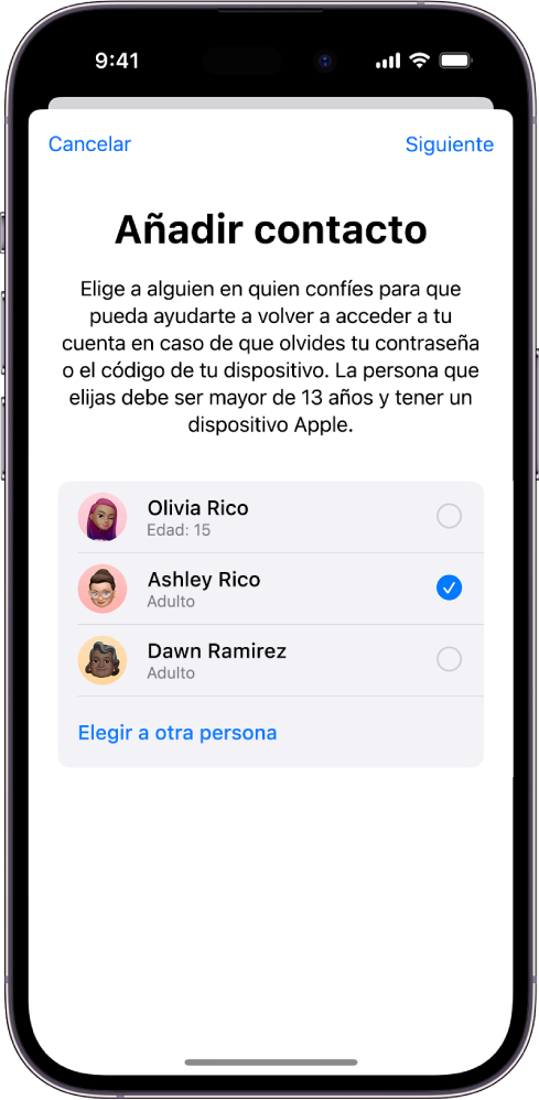 Pantalla “Añadir contacto de recuperación” con contactos sugeridos para seleccionarlos como contacto de recuperación y la opción de elegir a otra persona.