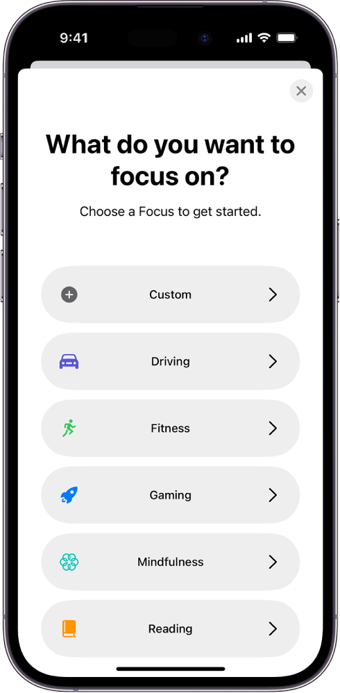 Focuse seadistamise kuva ühe Focuse lisavaliku jaoks, sh Custom, Driving, Fitness, Gaming, Mindfulness ja Reading.