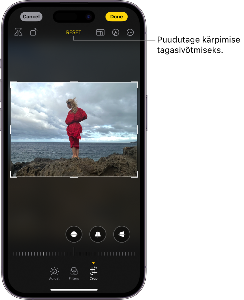 Kuva Edit, mille keskel on foto. Ekraani allservas asuvad (vasakult paremale) nupud Adjust, Filters ja Crop. Valitud on nupp Crop ning ekraanil on ka liugur geomeetria täiustamiseks. Ekraani ülemises vasakus nurgas on nupp Cancel ning ekraani ülemises paremas nurgas on nupp Done. Ekraani ülaosas asuvad (vasakult paremale) ka nupud lip, Auto, Aspect Ratio, Markup ja Plug-ins.
