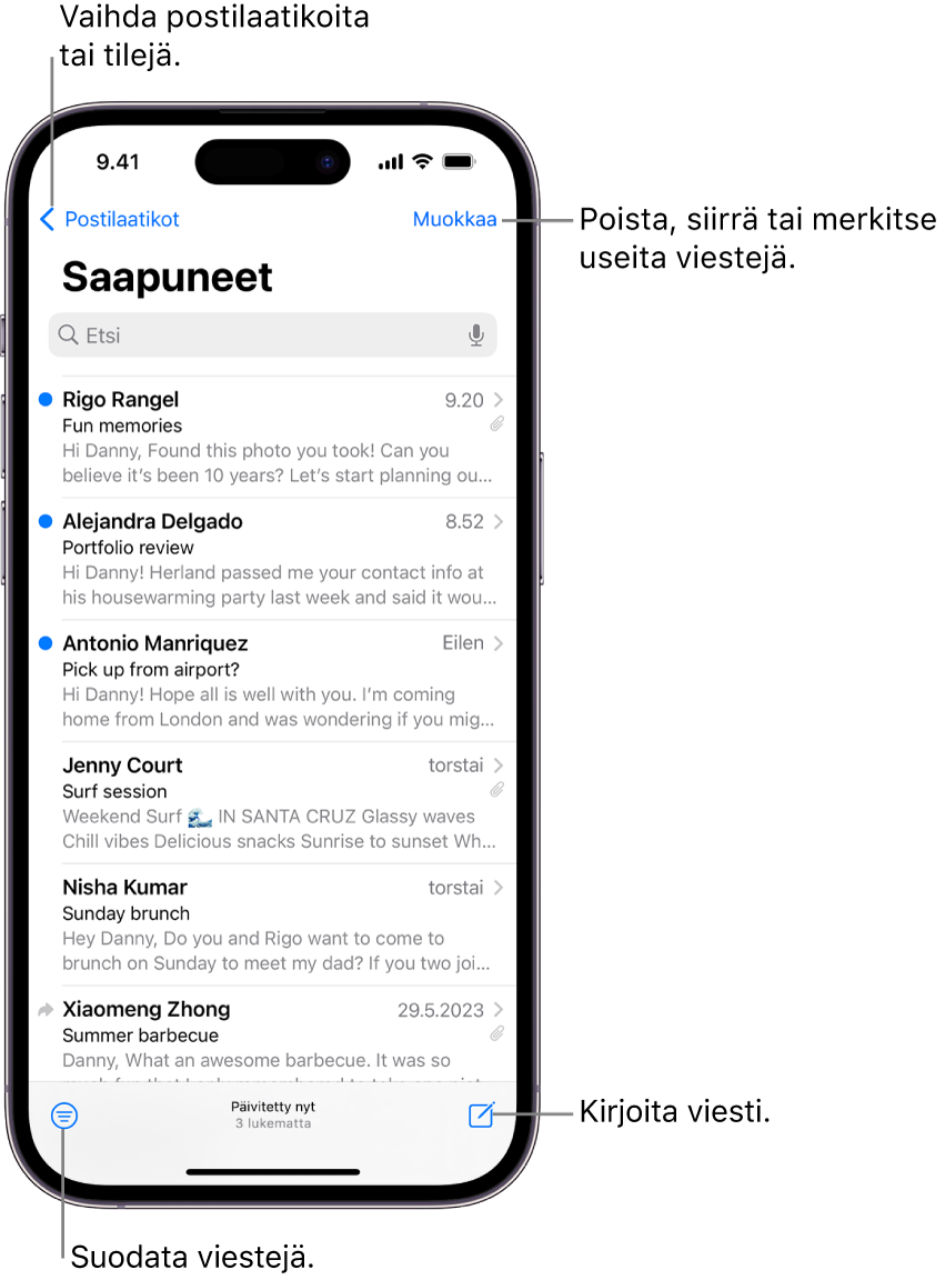 Mailin Saapuneet-näkymä, jossa näkyy sähköpostien luettelo.